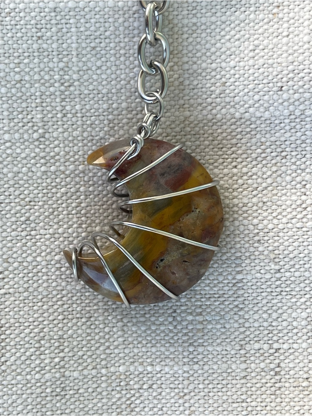 Mookaite Moon Keychain / Bag Charm Stainless Steel Silver Handmade Wire Wrap - Picture 3 of 3
